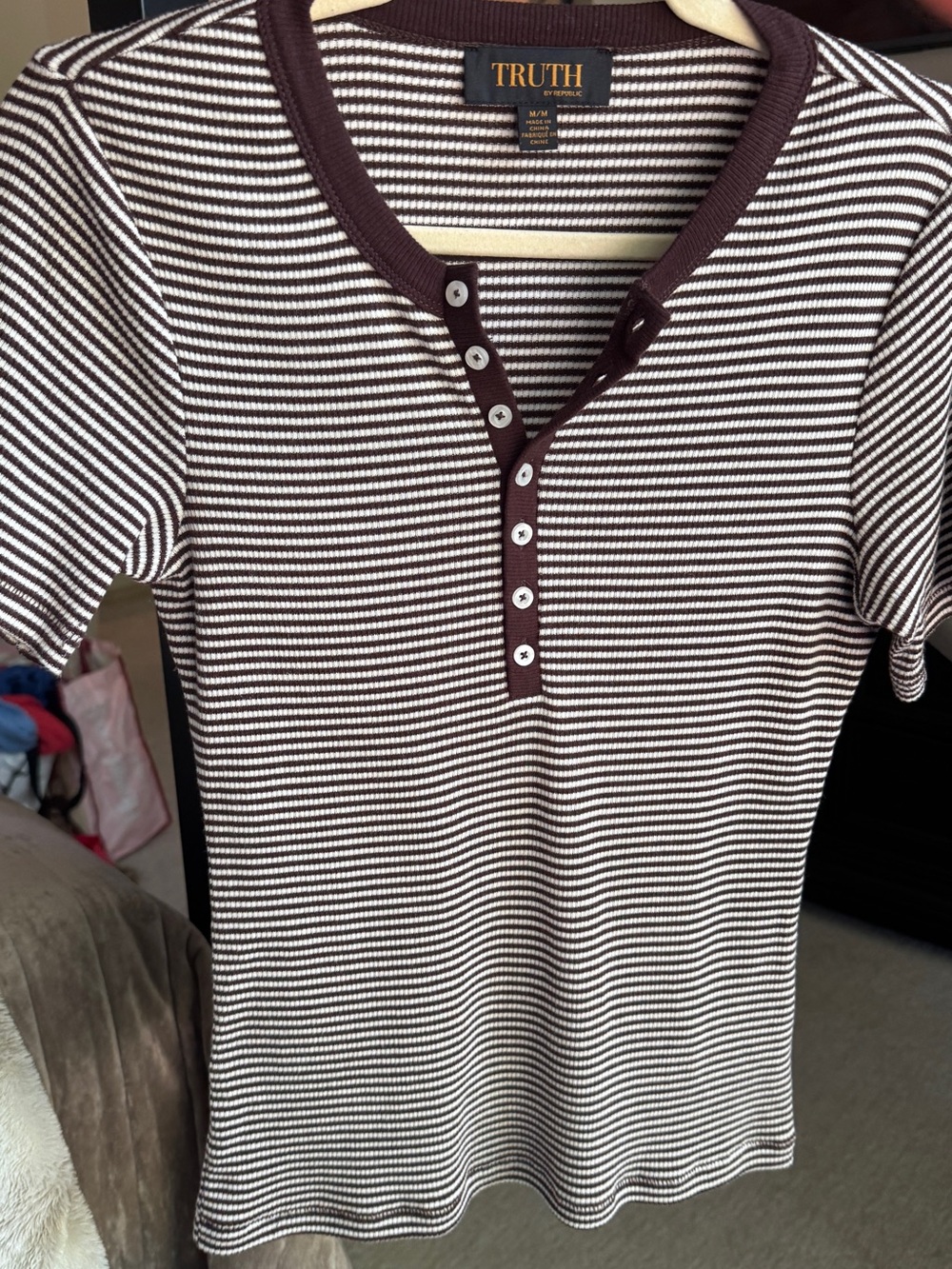 Truth Brown and White Striped Henley Tee